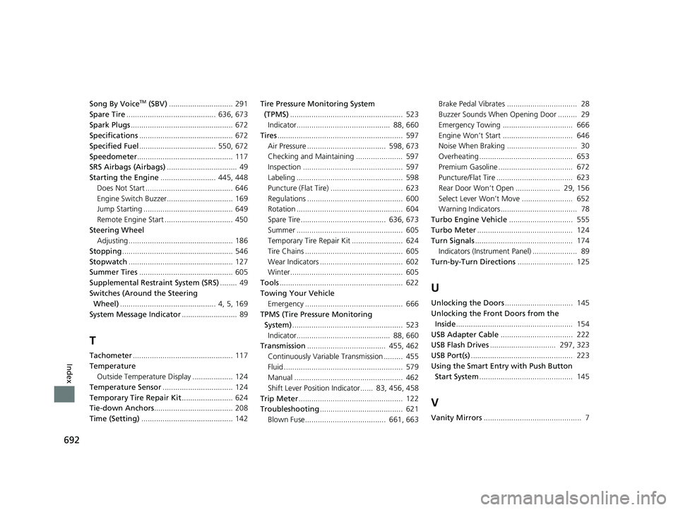 HONDA CIVIC HATCHBACK 2019   (in English) Service Manual 692
Index
Song By VoiceTM (SBV).............................. 291
Spare Tire ..........................................  636, 673
Spark Plugs ................................................ 672
Speci