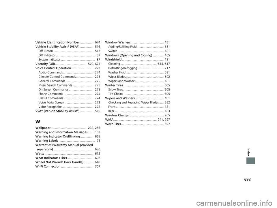 HONDA CIVIC HATCHBACK 2019  Owners Manual (in English) 693
Index
Vehicle Identification Number................  674
Vehicle Stability Assist ® (VSA ®) ...............  516
Off Button ..............................................  517
Off Indicator ....