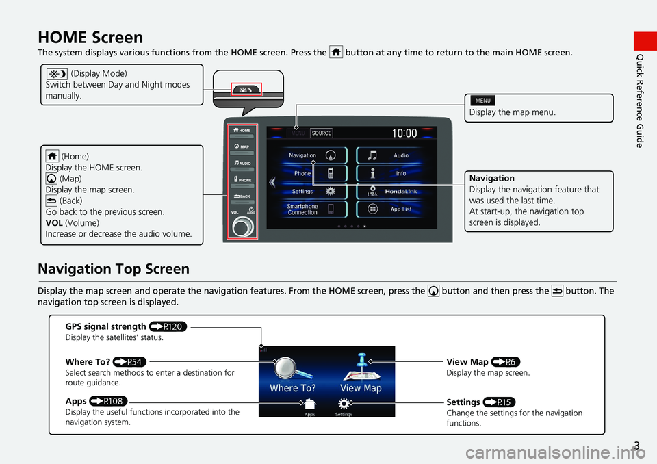 HONDA CIVIC HATCHBACK 2019 Navigation Manual (in English) 3
Quick Reference GuideHOME Screen
The system displays various functions from the HOME screen. Press the button at any time to return to the main HO ME screen.
Navigation Top Screen
Display the map HONDA CIVIC HATCHBACK 2019 Navigation Manual (in English) 3
Quick Reference GuideHOME Screen
The system displays various functions from the HOME screen. Press the button at any time to return to the main HO ME screen.
Navigation Top Screen
Display the map