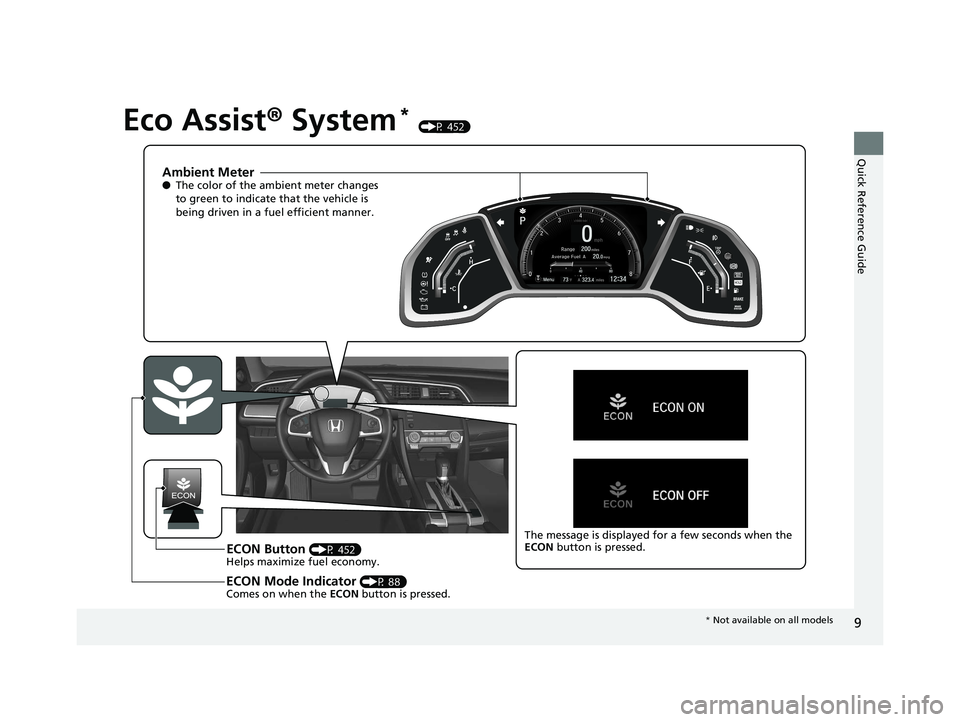 HONDA CIVIC COUPE 2019 (in English) User Guide 9
Quick Reference Guide
Eco Assist® System* (P 452)
Ambient Meter●The color of the ambient meter changes
to green to indicate that the vehicle is
being driven in a fuel efficient manner.
ECON But HONDA CIVIC COUPE 2019 (in English) User Guide 9
Quick Reference Guide
Eco Assist® System* (P 452)
Ambient Meter●The color of the ambient meter changes
to green to indicate that the vehicle is
being driven in a fuel efficient manner.
ECON But