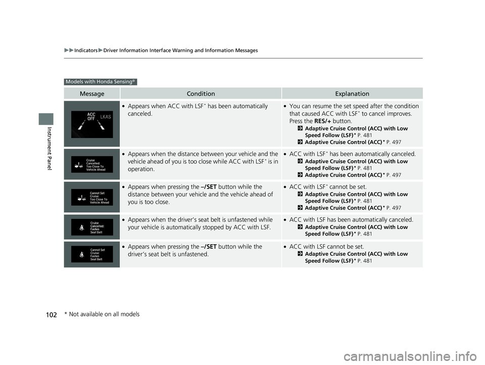 HONDA CIVIC COUPE 2019 Owners Manual (in English) 102
uuIndicators uDriver Information Interface Wa rning and Information Messages
Instrument Panel
MessageConditionExplanation
●Appears when ACC with LSF* has been automatically
canceled.●You can HONDA CIVIC COUPE 2019 Owners Manual (in English) 102
uuIndicators uDriver Information Interface Wa rning and Information Messages
Instrument Panel
MessageConditionExplanation
●Appears when ACC with LSF* has been automatically
canceled.●You can