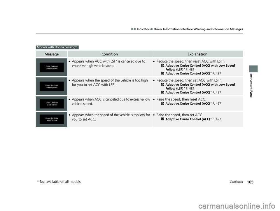 HONDA CIVIC COUPE 2019 Owners Manual (in English) 105
uuIndicators uDriver Information Interface Wa rning and Information Messages
Continued
Instrument Panel
MessageConditionExplanation
●Appears when ACC with LSF* is canceled due to
excessive high HONDA CIVIC COUPE 2019 Owners Manual (in English) 105
uuIndicators uDriver Information Interface Wa rning and Information Messages
Continued
Instrument Panel
MessageConditionExplanation
●Appears when ACC with LSF* is canceled due to
excessive high