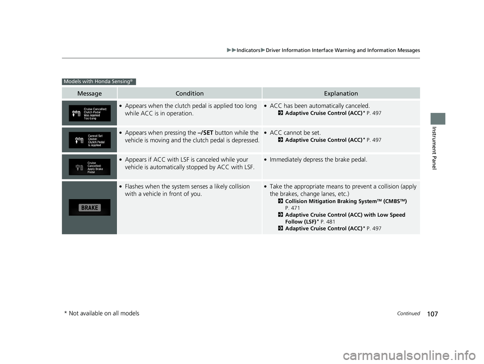 HONDA CIVIC COUPE 2019 Owners Manual (in English) 107
uuIndicators uDriver Information Interface Wa rning and Information Messages
Continued
Instrument Panel
MessageConditionExplanation
●Appears when the clutch pedal is applied too long
while ACC HONDA CIVIC COUPE 2019 Owners Manual (in English) 107
uuIndicators uDriver Information Interface Wa rning and Information Messages
Continued
Instrument Panel
MessageConditionExplanation
●Appears when the clutch pedal is applied too long
while ACC