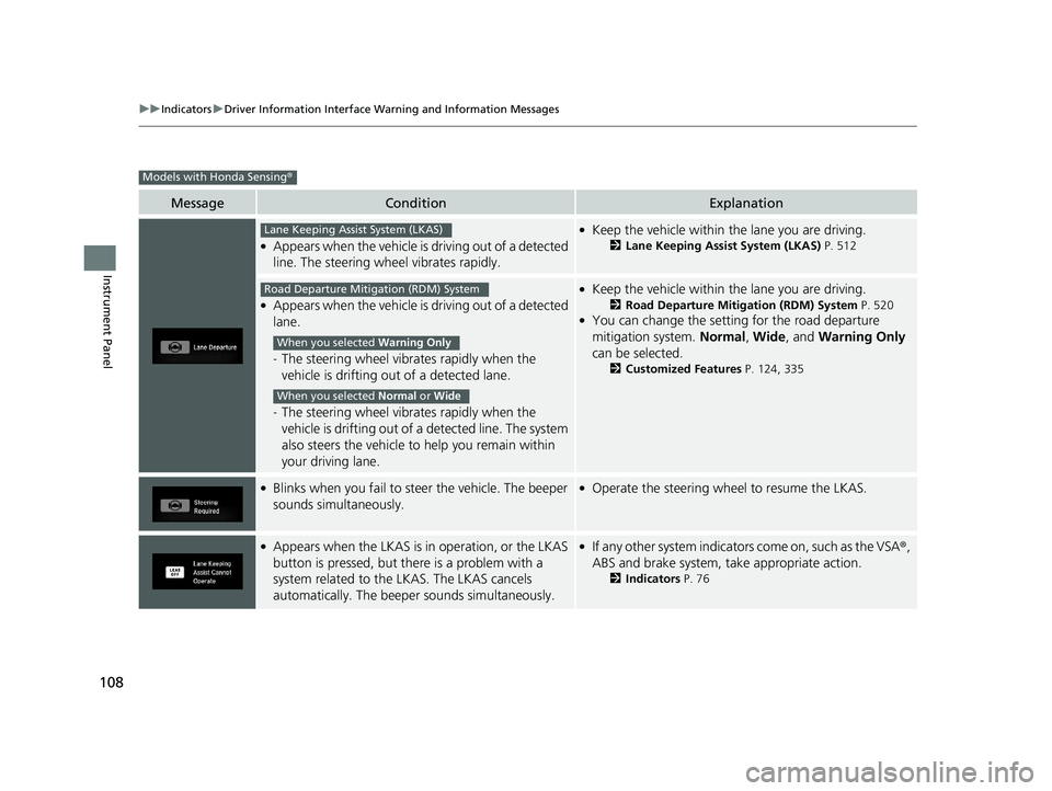 HONDA CIVIC COUPE 2019  Owners Manual (in English) 108
uuIndicators uDriver Information Interface Wa rning and Information Messages
Instrument Panel
MessageConditionExplanation
●Appears when the vehicle is driving out of a detected 
line. The steeri