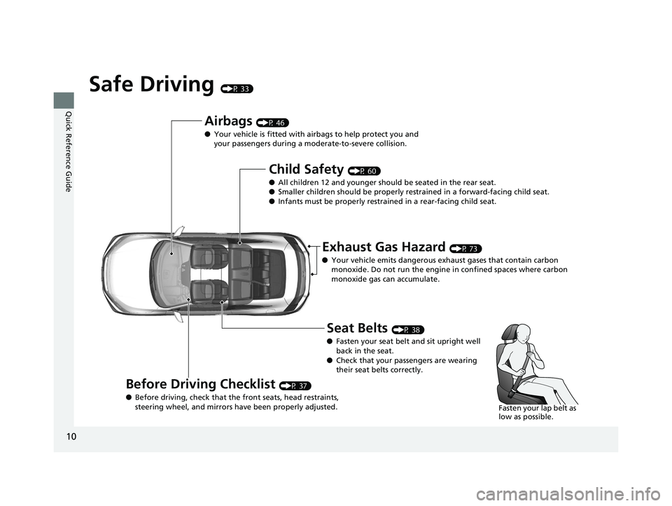 HONDA CIVIC COUPE 2019 (in English) User Guide 10
Quick Reference Guide
Safe Driving (P 33)
Airbags (P 46)
● Your vehicle is fitted with ai rbags to help protect you and
your passengers during a moderate-to-severe collision.
Child Safety (P 60) HONDA CIVIC COUPE 2019 (in English) User Guide 10
Quick Reference Guide
Safe Driving (P 33)
Airbags (P 46)
● Your vehicle is fitted with ai rbags to help protect you and
your passengers during a moderate-to-severe collision.
Child Safety (P 60)