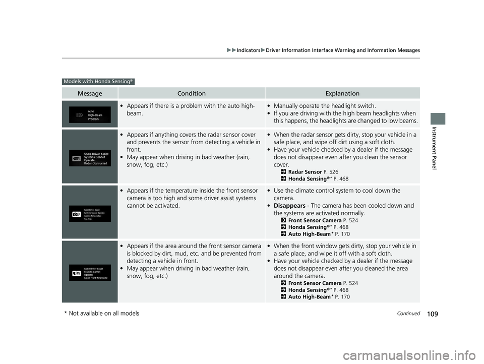HONDA CIVIC COUPE 2019 Owners Manual (in English) 109
uuIndicators uDriver Information Interface Wa rning and Information Messages
Continued
Instrument Panel
MessageConditionExplanation
•Appears if there is a problem with the auto high-
beam.•Man HONDA CIVIC COUPE 2019 Owners Manual (in English) 109
uuIndicators uDriver Information Interface Wa rning and Information Messages
Continued
Instrument Panel
MessageConditionExplanation
•Appears if there is a problem with the auto high-
beam.•Man
