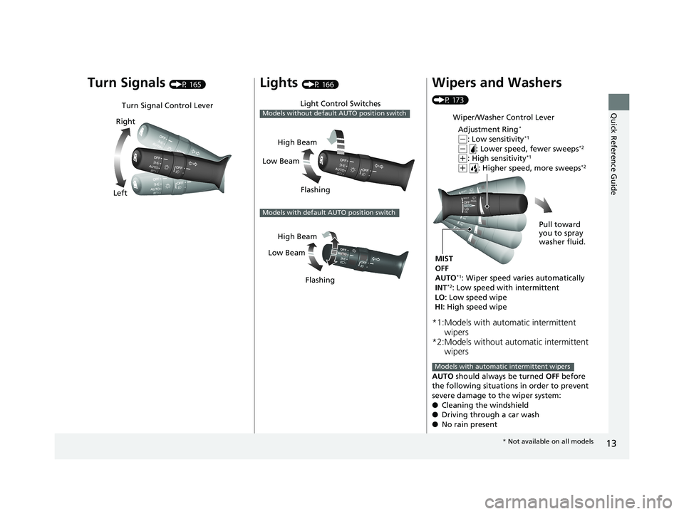 HONDA CIVIC COUPE 2019 (in English) User Guide 13
Quick Reference Guide
Turn Signals (P 165)
Turn Signal Control Lever
Right
Left
Lights (P 166)
Light Control Switches
Models without default AUTO position switch
Low Beam High Beam
Flashing
Models HONDA CIVIC COUPE 2019 (in English) User Guide 13
Quick Reference Guide
Turn Signals (P 165)
Turn Signal Control Lever
Right
Left
Lights (P 166)
Light Control Switches
Models without default AUTO position switch
Low Beam High Beam
Flashing
Models