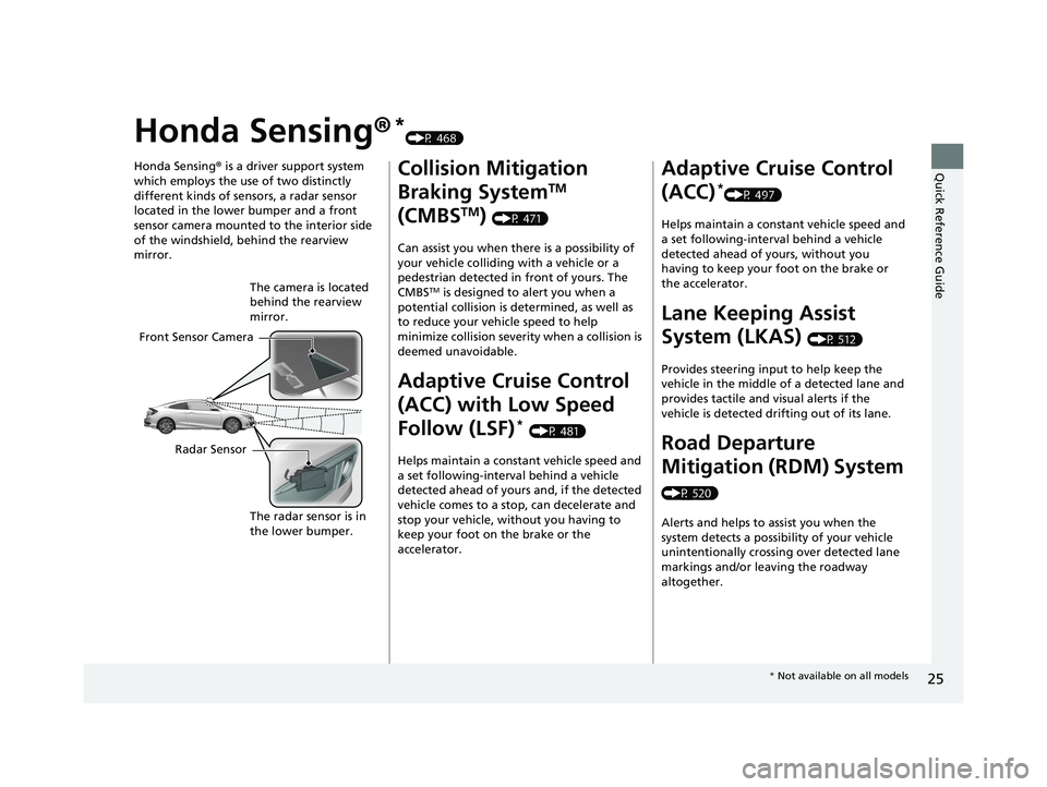 HONDA CIVIC COUPE 2019 (in English) Owners Guide 25
Quick Reference Guide
Honda Sensing®*(P 468)
Honda Sensing ® is a driver support system
which employs the use of two distinctly
different kinds of sensors, a radar sensor
located in the lower HONDA CIVIC COUPE 2019 (in English) Owners Guide 25
Quick Reference Guide
Honda Sensing®*(P 468)
Honda Sensing ® is a driver support system
which employs the use of two distinctly
different kinds of sensors, a radar sensor
located in the lower