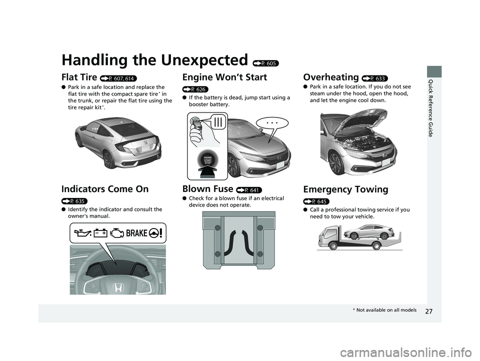 HONDA CIVIC COUPE 2019  Owners Manual (in English) Quick Reference Guide
27
Handling the Unexpected (P 605)
Flat Tire (P 607, 614)
● Park in a safe location and replace the 
flat tire with the compact spare tire
* in 
the trunk, or repair the flat t