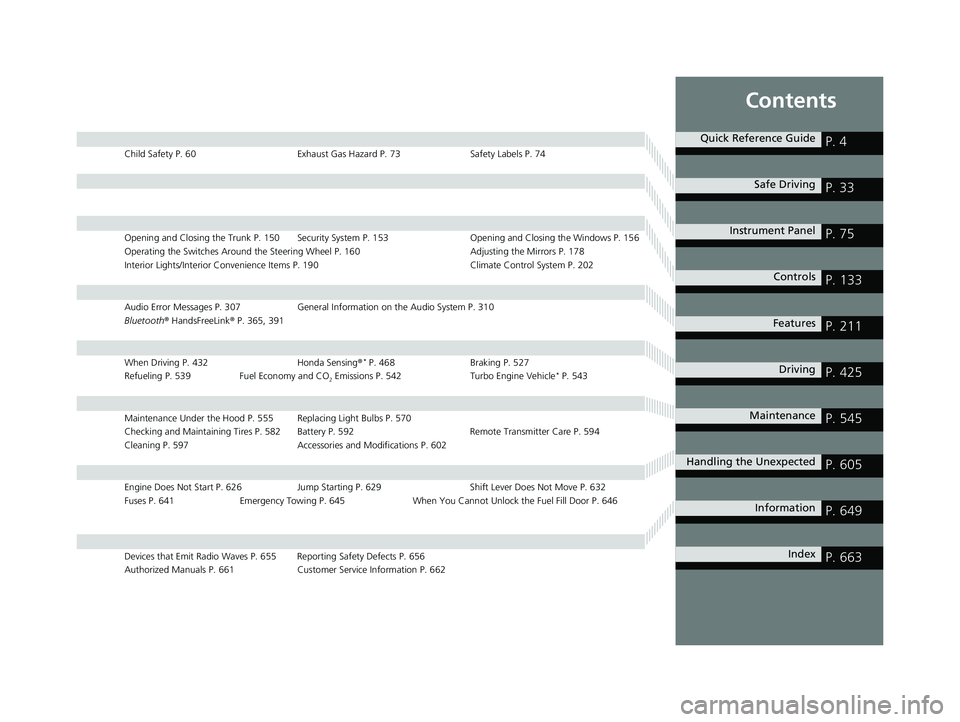 HONDA CIVIC COUPE 2019 Owners Manual (in English) Contents
Child Safety P. 60Exhaust Gas Hazard P. 73Safety Labels P. 74
Opening and Closing the Trunk P. 150 Security System P. 153 Opening and Closing the Windows P. 156
Operating the Switches Around HONDA CIVIC COUPE 2019 Owners Manual (in English) Contents
Child Safety P. 60Exhaust Gas Hazard P. 73Safety Labels P. 74
Opening and Closing the Trunk P. 150 Security System P. 153 Opening and Closing the Windows P. 156
Operating the Switches Around