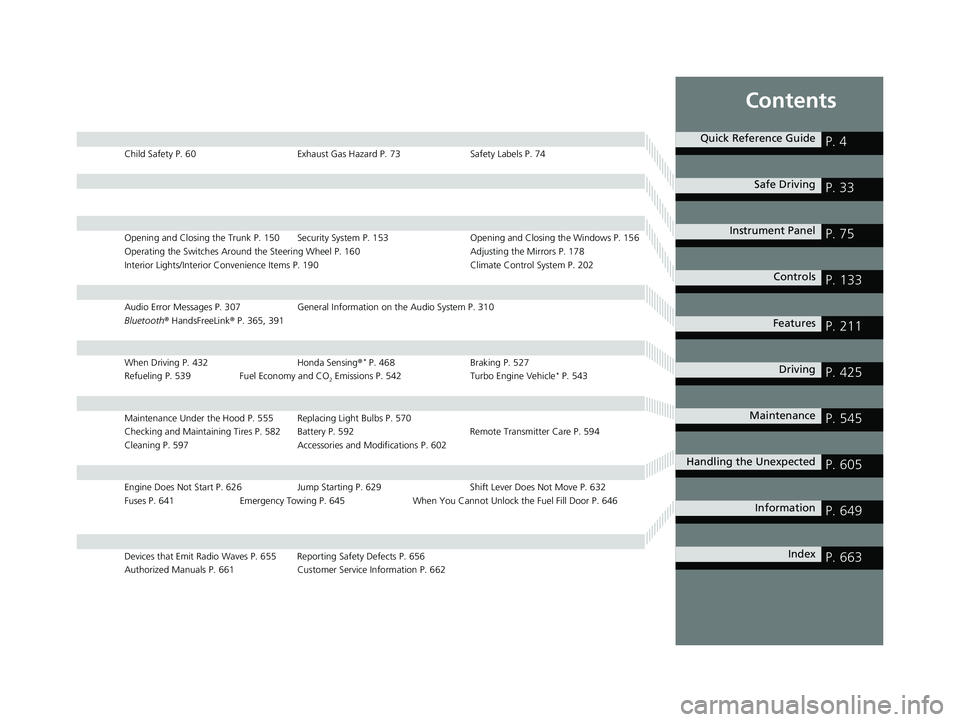 HONDA CIVIC COUPE 2019  Owners Manual (in English) Contents
Child Safety P. 60Exhaust Gas Hazard P. 73Safety Labels P. 74
Opening and Closing the Trunk P. 150 Security System P. 153 Opening and Closing the Windows P. 156
Operating the Switches Around 