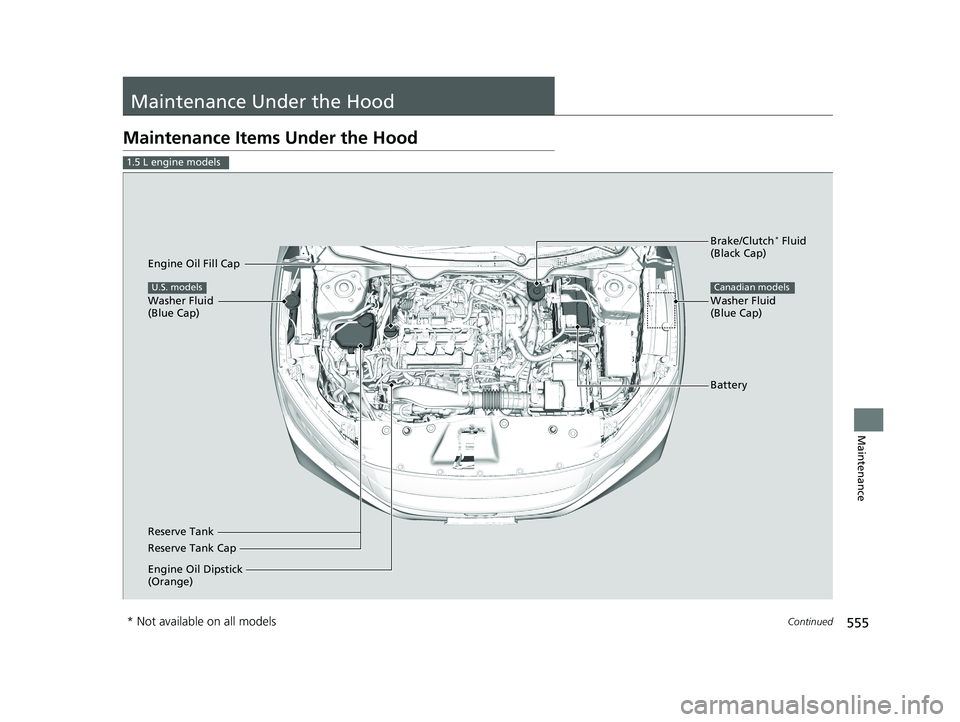 HONDA CIVIC COUPE 2019 Owners Manual (in English) 555Continued
Maintenance
Maintenance Under the Hood
Maintenance Items Under the Hood
1.5 L engine models
Brake/Clutch* Fluid
(Black Cap)
Reserve Tank Washer Fluid
(Blue Cap)
Engine Oil Dipstick
(Or HONDA CIVIC COUPE 2019 Owners Manual (in English) 555Continued
Maintenance
Maintenance Under the Hood
Maintenance Items Under the Hood
1.5 L engine models
Brake/Clutch* Fluid
(Black Cap)
Reserve Tank Washer Fluid
(Blue Cap)
Engine Oil Dipstick
(Or