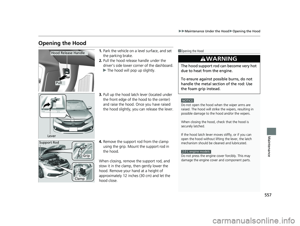 HONDA CIVIC COUPE 2019 Owners Manual (in English) 557
uuMaintenance Under the Hood uOpening the Hood
Maintenance
Opening the Hood
1. Park the vehicle on a level surface, and set
the parking brake.
2. Pull the hood release handle under the
driver’ HONDA CIVIC COUPE 2019 Owners Manual (in English) 557
uuMaintenance Under the Hood uOpening the Hood
Maintenance
Opening the Hood
1. Park the vehicle on a level surface, and set
the parking brake.
2. Pull the hood release handle under the
driver’