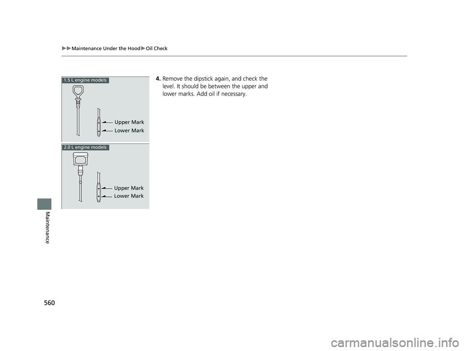 HONDA CIVIC COUPE 2019 Owners Manual (in English) 560
uuMaintenance Under the Hood uOil Check
Maintenance
4. Remove the dipstick again, and check the
level. It should be between the upper and
lower marks. Add oil if necessary.
Upper Mark
Lower Mark HONDA CIVIC COUPE 2019 Owners Manual (in English) 560
uuMaintenance Under the Hood uOil Check
Maintenance
4. Remove the dipstick again, and check the
level. It should be between the upper and
lower marks. Add oil if necessary.
Upper Mark
Lower Mark
