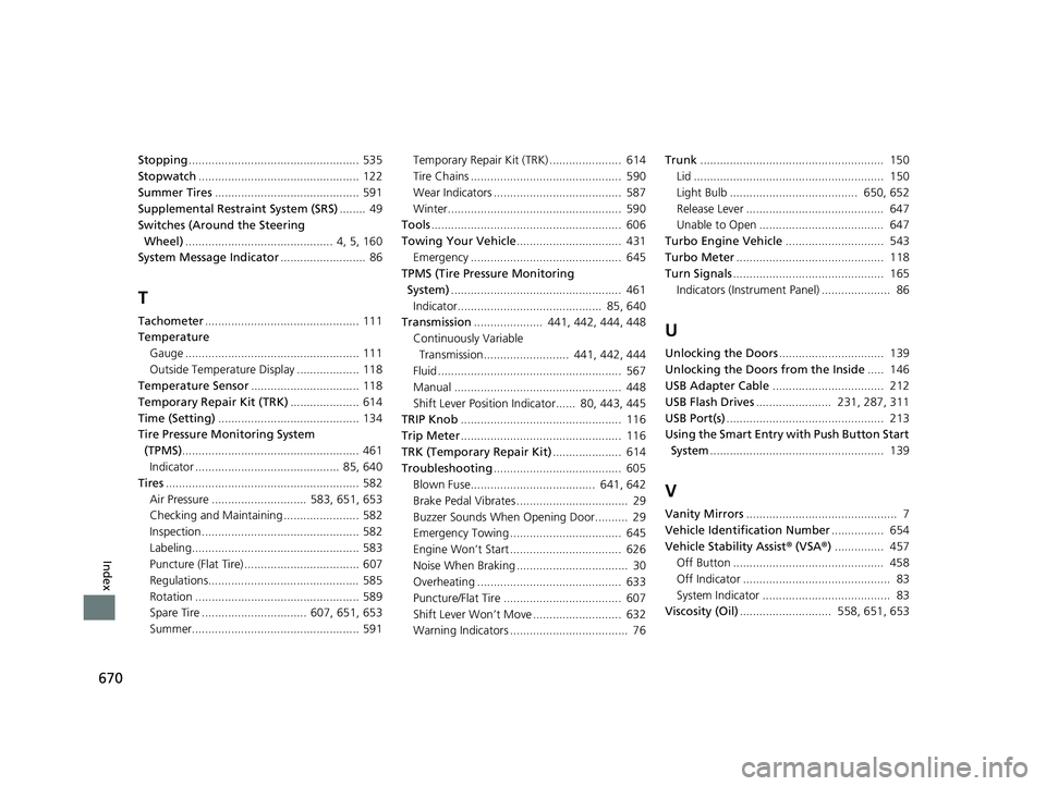 HONDA CIVIC COUPE 2019 Owners Manual (in English) 670
Index
Stopping.................................................... 535
Stopwatch ................................................. 122
Summer Tires ............................................ 591 HONDA CIVIC COUPE 2019 Owners Manual (in English) 670
Index
Stopping.................................................... 535
Stopwatch ................................................. 122
Summer Tires ............................................ 591