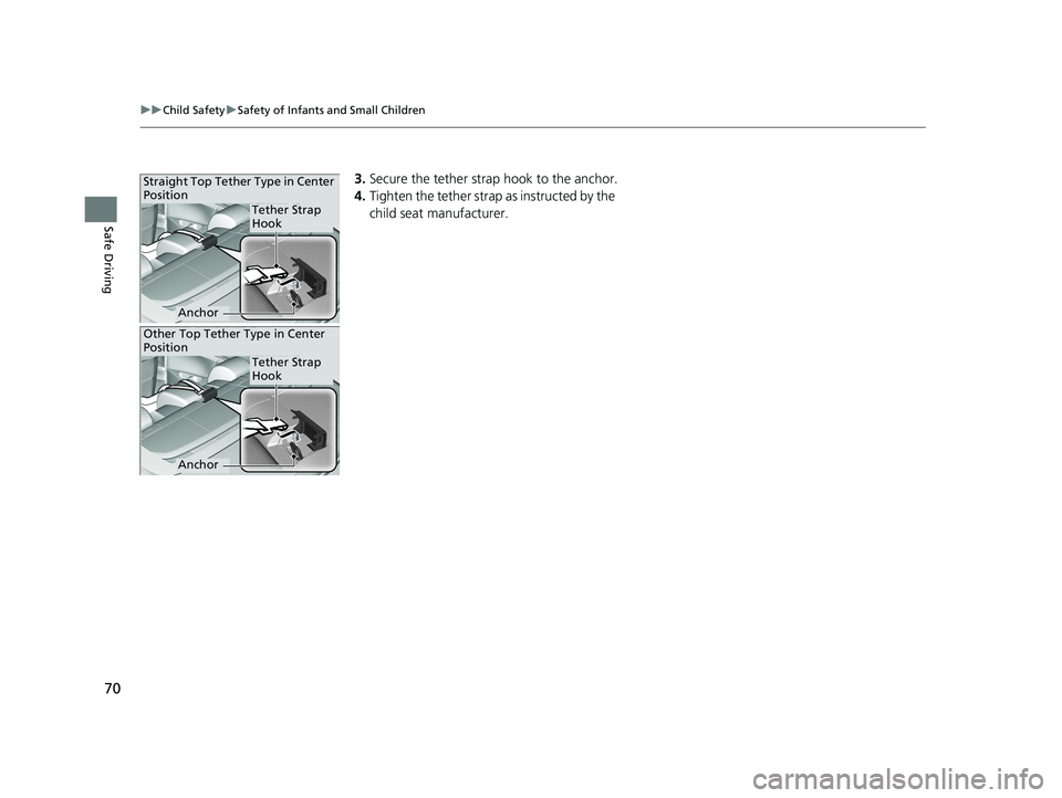 HONDA CIVIC COUPE 2019 (in English) Manual PDF 70
uuChild Safety uSafety of Infants and Small Children
Safe Driving
3. Secure the tether strap hook to the anchor.
4. Tighten the tether strap as instructed by the
child seat manufacturer.Straight T HONDA CIVIC COUPE 2019 (in English) Manual PDF 70
uuChild Safety uSafety of Infants and Small Children
Safe Driving
3. Secure the tether strap hook to the anchor.
4. Tighten the tether strap as instructed by the
child seat manufacturer.Straight T