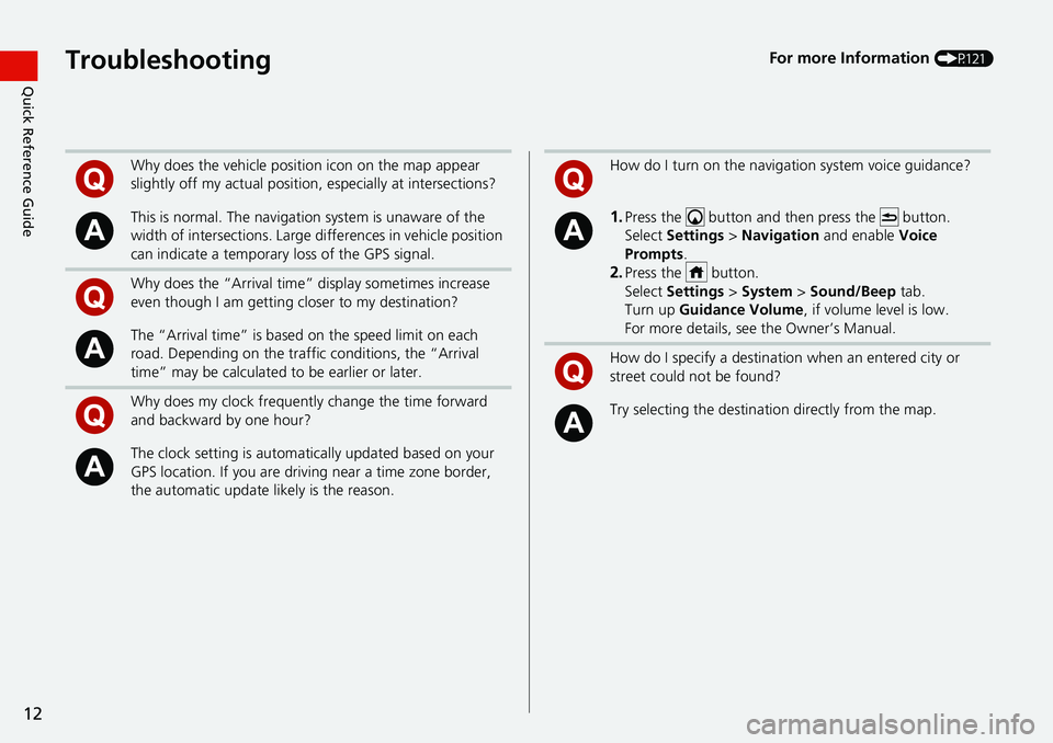 HONDA CIVIC COUPE 2019 Navigation Manual (in English) 12
Quick Reference GuideTroubleshootingFor more Information (P121)
Why does the vehicle position icon on the map appear
slightly off my actu al position, especially at intersections?
This is normal. HONDA CIVIC COUPE 2019 Navigation Manual (in English) 12
Quick Reference GuideTroubleshootingFor more Information (P121)
Why does the vehicle position icon on the map appear
slightly off my actu al position, especially at intersections?
This is normal.