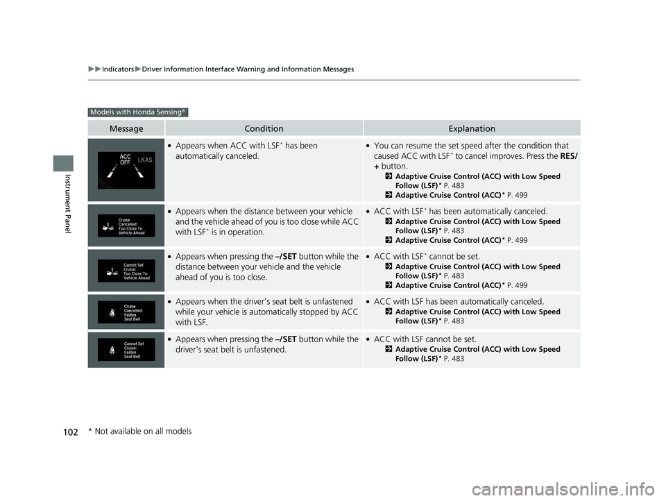 HONDA CIVIC SEDAN 2019 Owners Manual (in English) 102
uuIndicators uDriver Information Interface Wa rning and Information Messages
Instrument Panel
MessageConditionExplanation
●Appears when ACC with LSF* has been
automatically canceled.●You can HONDA CIVIC SEDAN 2019 Owners Manual (in English) 102
uuIndicators uDriver Information Interface Wa rning and Information Messages
Instrument Panel
MessageConditionExplanation
●Appears when ACC with LSF* has been
automatically canceled.●You can