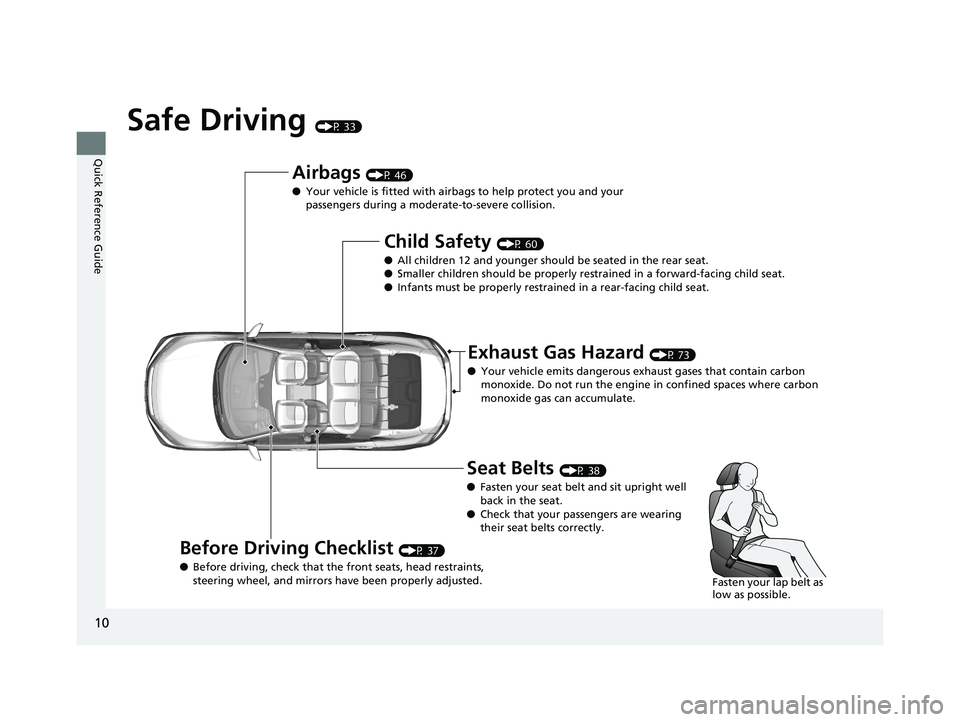 HONDA CIVIC SEDAN 2019  Owners Manual (in English) 10
Quick Reference Guide
Safe Driving (P 33)
Airbags (P 46)
● Your vehicle is fitted with airbags to help protect you and your 
passengers during a moderate-to-severe collision.
Child Safety (P 60)
