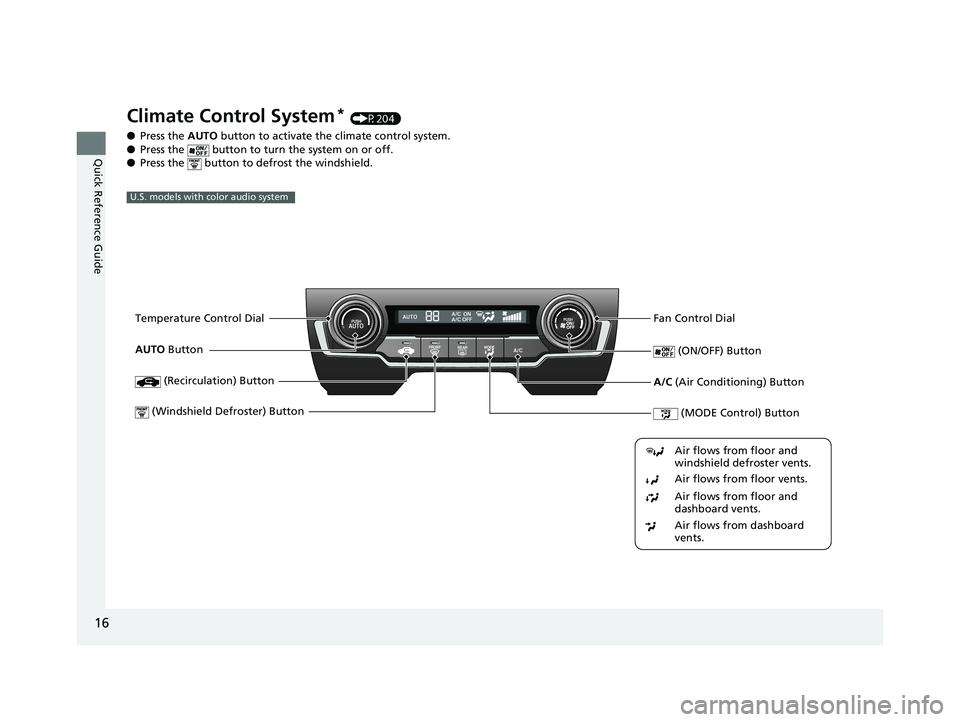 HONDA CIVIC SEDAN 2019 (in English) User Guide 16
Quick Reference Guide
Climate Control System* (P204)
● Press the AUTO button to activate the climate control system.
● Press the button to turn the system on or off.
● Press the button t HONDA CIVIC SEDAN 2019 (in English) User Guide 16
Quick Reference Guide
Climate Control System* (P204)
● Press the AUTO button to activate the climate control system.
● Press the button to turn the system on or off.
● Press the button t