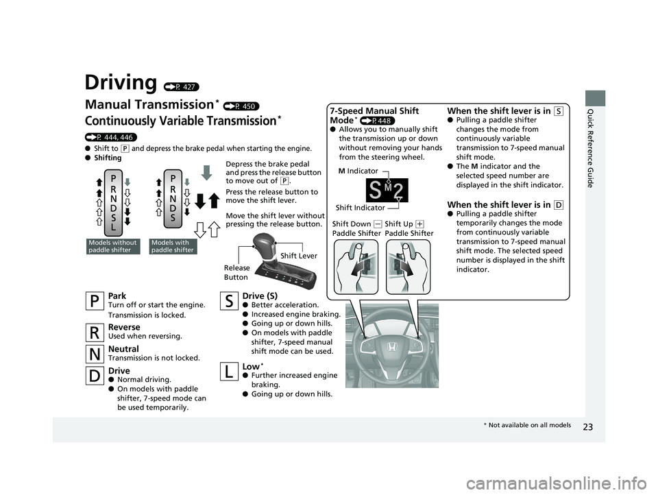 HONDA CIVIC SEDAN 2019 (in English) Owners Guide 23
Quick Reference Guide
Driving (P 427)
Manual Transmission* (P 450)
Continuously Variable Transmission*
(P 444, 446)
●Shift to (P and depress the brake pedal when starting the engine.● Shifting HONDA CIVIC SEDAN 2019 (in English) Owners Guide 23
Quick Reference Guide
Driving (P 427)
Manual Transmission* (P 450)
Continuously Variable Transmission*
(P 444, 446)
●Shift to (P and depress the brake pedal when starting the engine.● Shifting