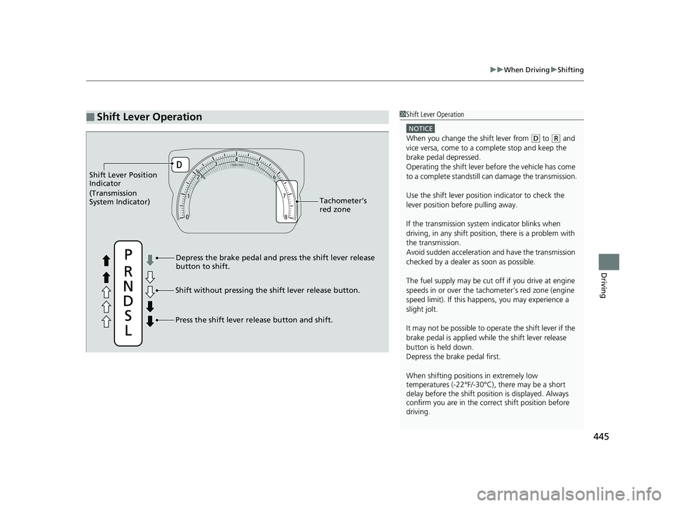 HONDA CIVIC SEDAN 2019 Owners Manual (in English) 445
uuWhen Driving uShifting
Driving
■Shift Lever Operation1Shift Lever Operation
NOTICE
When you change the shift lever from (D to ( R and
vice versa, come to a complete stop and keep the
brake p HONDA CIVIC SEDAN 2019 Owners Manual (in English) 445
uuWhen Driving uShifting
Driving
■Shift Lever Operation1Shift Lever Operation
NOTICE
When you change the shift lever from (D to ( R and
vice versa, come to a complete stop and keep the
brake p