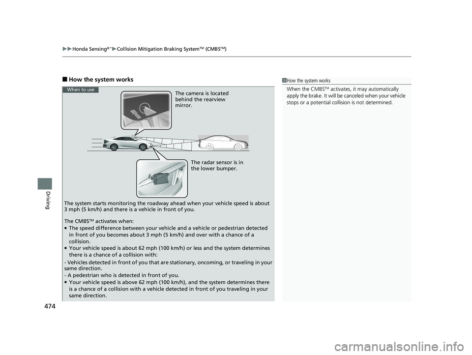 HONDA CIVIC SEDAN 2019 Owners Manual (in English) uuHonda Sensing ®*uCollision Mitigation Braking SystemTM (CMBSTM)
474
Driving
■How the system works1How the system works
When the CMBS
TM activates, it may automatically
apply the brake. It will HONDA CIVIC SEDAN 2019 Owners Manual (in English) uuHonda Sensing ®*uCollision Mitigation Braking SystemTM (CMBSTM)
474
Driving
■How the system works1How the system works
When the CMBS
TM activates, it may automatically
apply the brake. It will