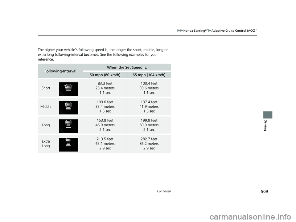 HONDA CIVIC SEDAN 2019 Owners Manual (in English) 509
uuHonda Sensing ®*uAdaptive Cruise Control (ACC)*
Continued
Driving
The higher your vehicle’s fo llowing speed is, the longer the short, middle, long or
extra long following-interval becomes. HONDA CIVIC SEDAN 2019 Owners Manual (in English) 509
uuHonda Sensing ®*uAdaptive Cruise Control (ACC)*
Continued
Driving
The higher your vehicle’s fo llowing speed is, the longer the short, middle, long or
extra long following-interval becomes.