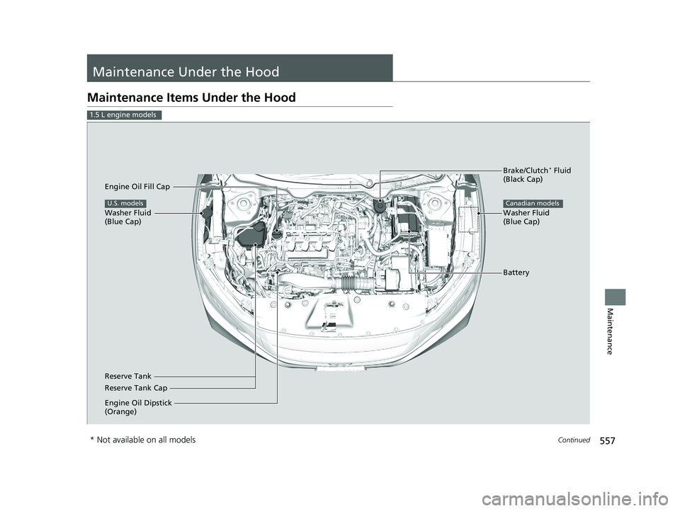 HONDA CIVIC SEDAN 2019 Owners Manual (in English) 557Continued
Maintenance
Maintenance Under the Hood
Maintenance Items Under the Hood
1.5 L engine models
Brake/Clutch* Fluid
(Black Cap)
Reserve Tank Washer Fluid
(Blue Cap)
Engine Oil Dipstick
(Or HONDA CIVIC SEDAN 2019 Owners Manual (in English) 557Continued
Maintenance
Maintenance Under the Hood
Maintenance Items Under the Hood
1.5 L engine models
Brake/Clutch* Fluid
(Black Cap)
Reserve Tank Washer Fluid
(Blue Cap)
Engine Oil Dipstick
(Or