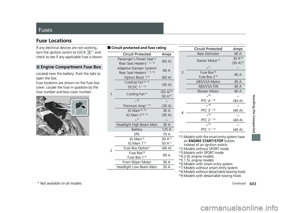 HONDA CIVIC SEDAN 2019 Owners Manual (in English) 643Continued
Handling the Unexpected
Fuses
Fuse Locations
If any electrical devices are not working,
turn the ignition switch to LOCK
(0*1 and
check to see if any appl icable fuse is blown.
Located HONDA CIVIC SEDAN 2019 Owners Manual (in English) 643Continued
Handling the Unexpected
Fuses
Fuse Locations
If any electrical devices are not working,
turn the ignition switch to LOCK
(0*1 and
check to see if any appl icable fuse is blown.
Located