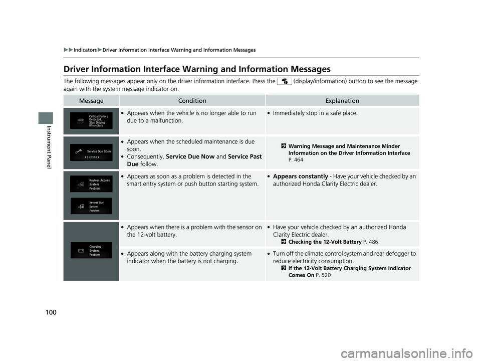 HONDA CLARITY ELECTRIC 2019 Owners Manual (in English) 100
uuIndicators uDriver Information Interface Wa rning and Information Messages
Instrument Panel
Driver Information Interface Warning and Information Messages
The following messages appear only on t HONDA CLARITY ELECTRIC 2019 Owners Manual (in English) 100
uuIndicators uDriver Information Interface Wa rning and Information Messages
Instrument Panel
Driver Information Interface Warning and Information Messages
The following messages appear only on t