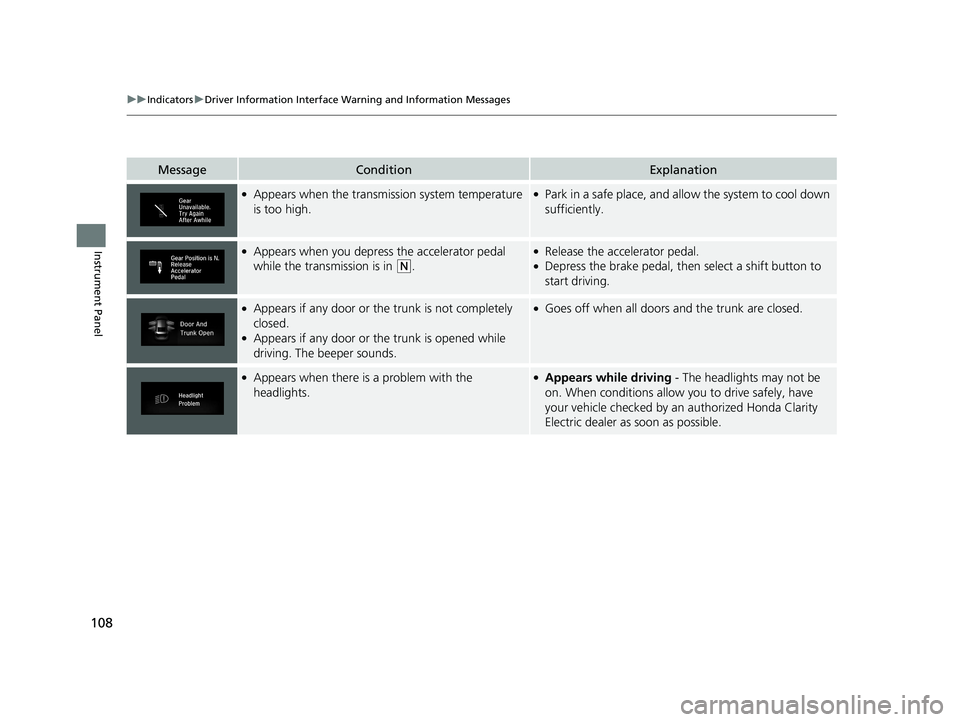 HONDA CLARITY ELECTRIC 2019 Owners Manual (in English) 108
uuIndicators uDriver Information Interface Wa rning and Information Messages
Instrument Panel
MessageConditionExplanation
●Appears when the transmission system temperature
is too high.●Park i HONDA CLARITY ELECTRIC 2019 Owners Manual (in English) 108
uuIndicators uDriver Information Interface Wa rning and Information Messages
Instrument Panel
MessageConditionExplanation
●Appears when the transmission system temperature
is too high.●Park i