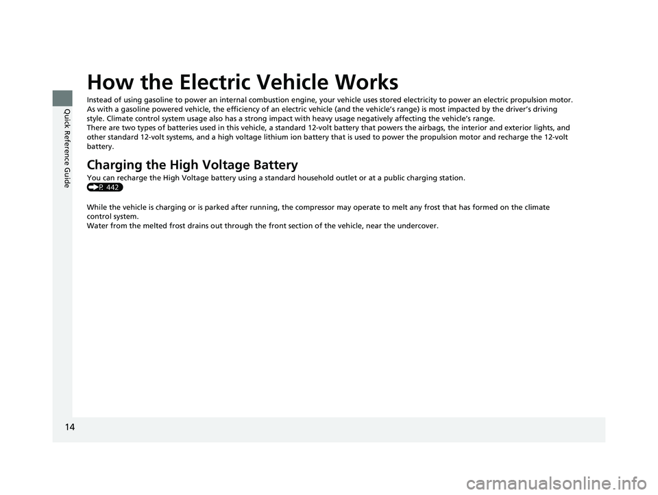 HONDA CLARITY ELECTRIC 2019 (in English) User Guide 14
Quick Reference Guide
How the Electric Vehicle Works
Instead of using gasoline to power an internal combustion engine, your vehicle uses stored electricity to power an electric pro pulsion motor.
A HONDA CLARITY ELECTRIC 2019 (in English) User Guide 14
Quick Reference Guide
How the Electric Vehicle Works
Instead of using gasoline to power an internal combustion engine, your vehicle uses stored electricity to power an electric pro pulsion motor.
A