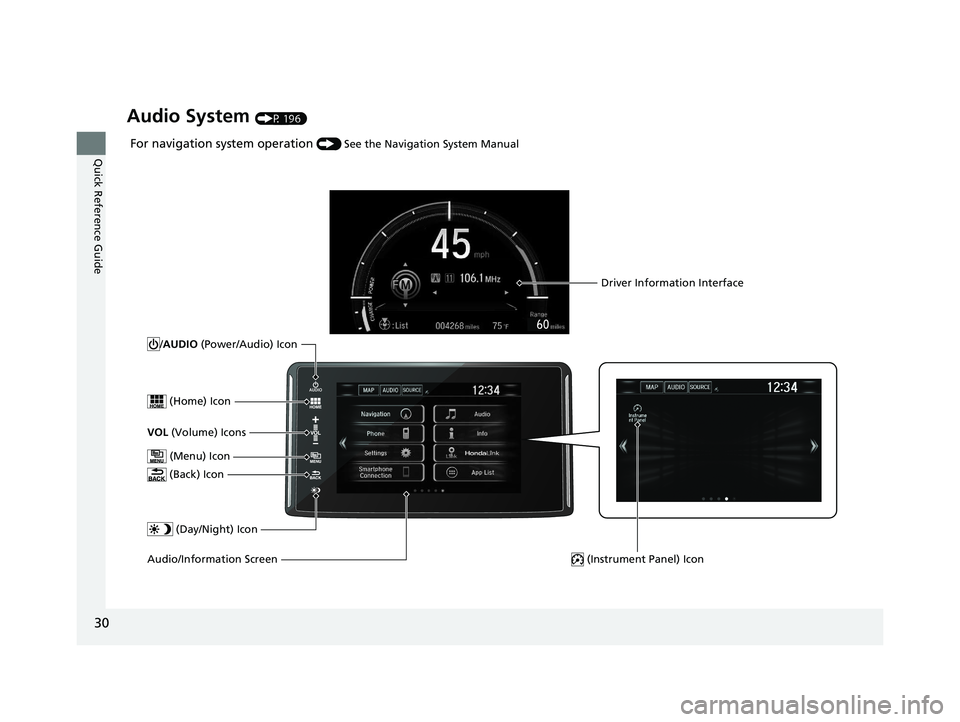 HONDA CLARITY ELECTRIC 2019 (in English) Owners Guide 30
Quick Reference Guide
Audio System (P 196)
For navigation system operation () See the Navigation System Manual
(Menu) Icon
VOL (Volume) Icons
(Home) Icon
(Back) Icon
Audio/Information Screen /A HONDA CLARITY ELECTRIC 2019 (in English) Owners Guide 30
Quick Reference Guide
Audio System (P 196)
For navigation system operation () See the Navigation System Manual
(Menu) Icon
VOL (Volume) Icons
(Home) Icon
(Back) Icon
Audio/Information Screen /A