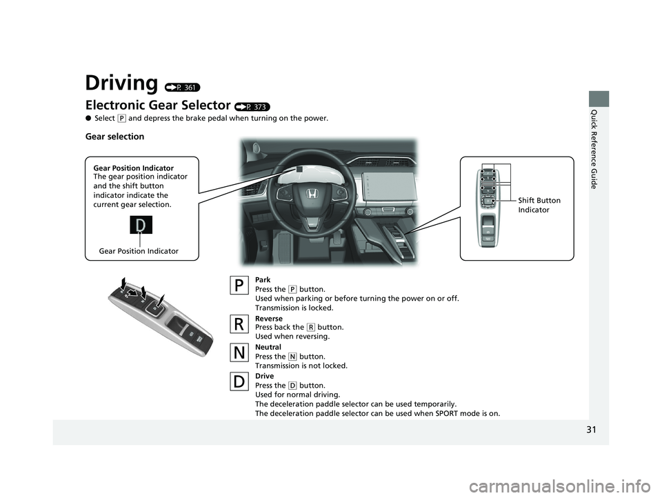 HONDA CLARITY ELECTRIC 2019 (in English) Owners Guide 31
Quick Reference Guide
Driving (P 361)
Electronic Gear Selector (P 373)
● Select
(P and depress the brake pedal when turning on the power.
Park
Press the
(P button.
Used when parking or before t HONDA CLARITY ELECTRIC 2019 (in English) Owners Guide 31
Quick Reference Guide
Driving (P 361)
Electronic Gear Selector (P 373)
● Select
(P and depress the brake pedal when turning on the power.
Park
Press the
(P button.
Used when parking or before t