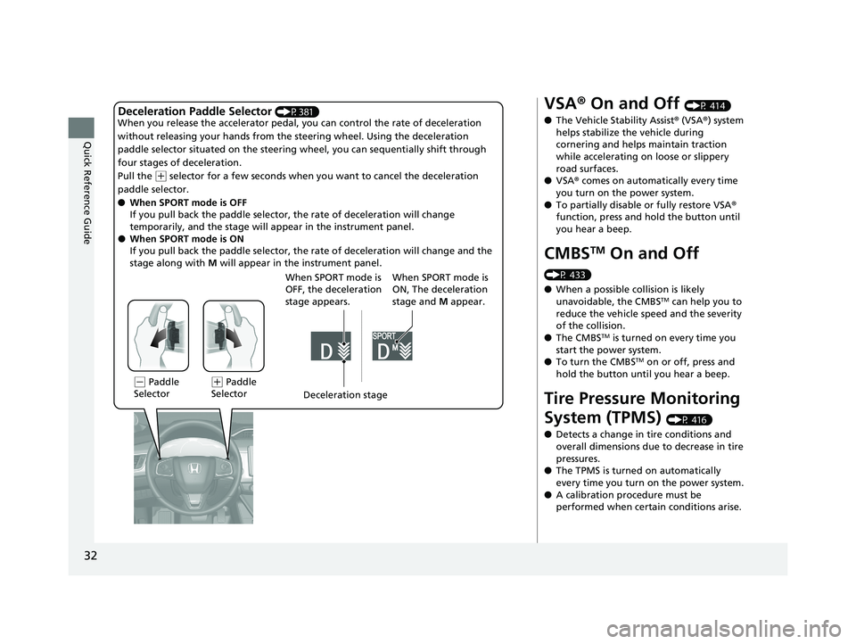 HONDA CLARITY ELECTRIC 2019 (in English) Owners Guide 32
Quick Reference Guide
Deceleration Paddle Selector (P381)
When you release the accelerator pedal, yo u can control the rate of deceleration
without releasing your hands from the steering wheel. U HONDA CLARITY ELECTRIC 2019 (in English) Owners Guide 32
Quick Reference Guide
Deceleration Paddle Selector (P381)
When you release the accelerator pedal, yo u can control the rate of deceleration
without releasing your hands from the steering wheel. U