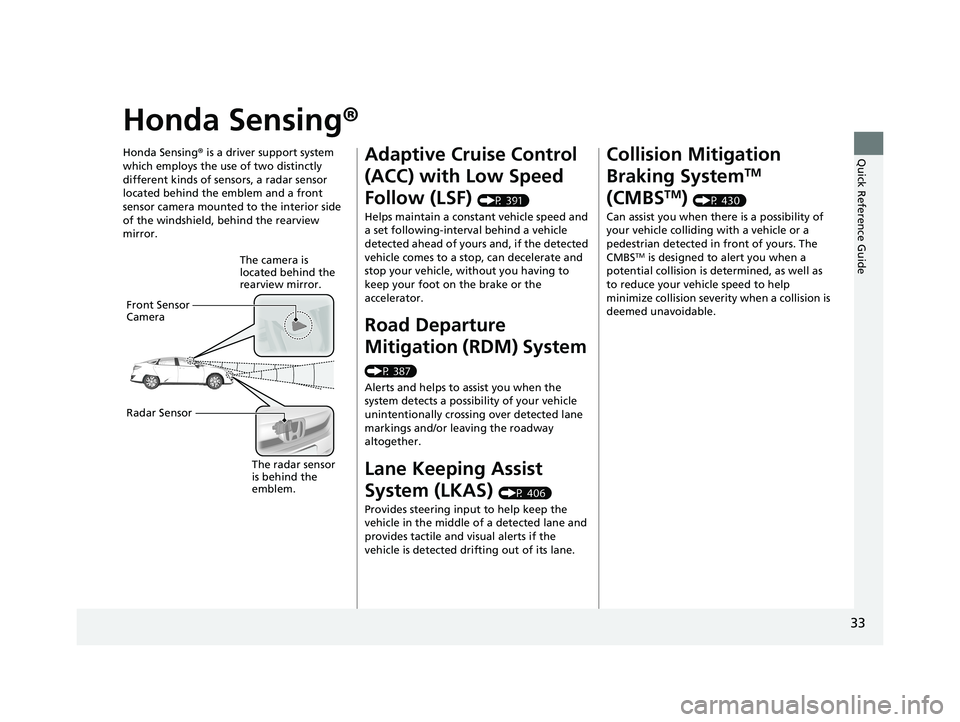 HONDA CLARITY ELECTRIC 2019 (in English) Owners Guide 33
Quick Reference Guide
Honda Sensing®
Honda Sensing® is a driver support system
which employs the use of two distinctly
different kinds of sensors, a radar sensor
located behind the emblem and HONDA CLARITY ELECTRIC 2019 (in English) Owners Guide 33
Quick Reference Guide
Honda Sensing®
Honda Sensing® is a driver support system
which employs the use of two distinctly
different kinds of sensors, a radar sensor
located behind the emblem and