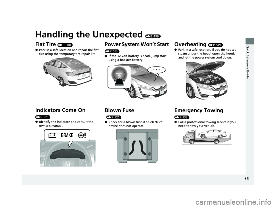 HONDA CLARITY ELECTRIC 2019 (in English) Owners Guide Quick Reference Guide
35
Handling the Unexpected (P 499)
Flat Tire (P 500)
● Park in a safe location and repair the flat
tire using the temporary tire repair kit.
Indicators Come On
(P 520)
●Ide HONDA CLARITY ELECTRIC 2019 (in English) Owners Guide Quick Reference Guide
35
Handling the Unexpected (P 499)
Flat Tire (P 500)
● Park in a safe location and repair the flat
tire using the temporary tire repair kit.
Indicators Come On
(P 520)
●Ide