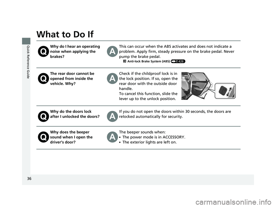 HONDA CLARITY ELECTRIC 2019 (in English) Owners Guide 36
Quick Reference Guide
What to Do If
Why do I hear an operating
noise when applying the
brakes?This can occur when the ABS activates and does not indicate a
problem. Apply firm, steady pressure o HONDA CLARITY ELECTRIC 2019 (in English) Owners Guide 36
Quick Reference Guide
What to Do If
Why do I hear an operating
noise when applying the
brakes?This can occur when the ABS activates and does not indicate a
problem. Apply firm, steady pressure o