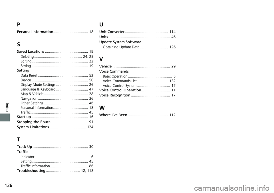 HONDA CLARITY ELECTRIC 2019  Navigation Manual (in English) 136
Index
P
Personal Information..................................  18
S
Saved Locations..........................................  19
Deleting............................................... 24, 25
Ed