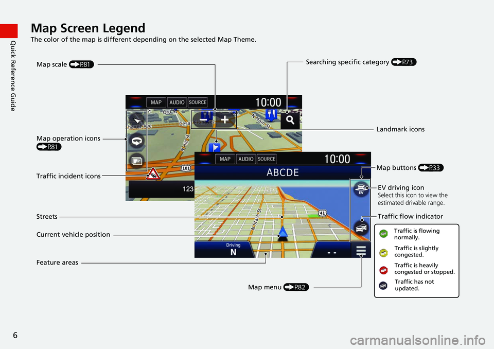 HONDA CLARITY ELECTRIC 2019  Navigation Manual (in English) 6
Quick Reference GuideMap Screen Legend
The color of the map is different depending on the selected Map Theme.
Map operation icons 
(P81)Map menu (P82)
Map scale 
(P81)
Current vehicle position Stree