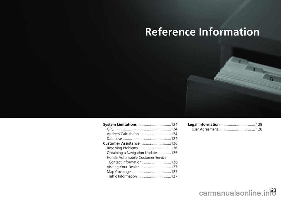 HONDA CLARITY FUEL CELL 2019  Navigation Manual (in English) 123
Reference Information
System Limitations................................124
GPS ......................................................124
Address Calculation ..............................124
Data
