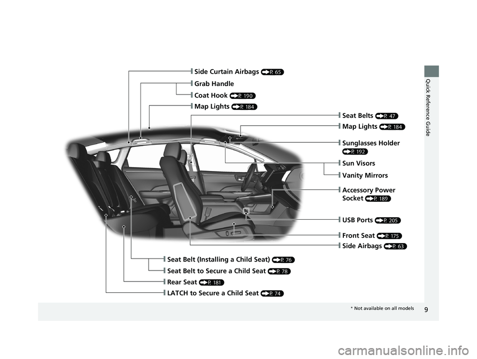 HONDA CLARITY PLUG-IN 2019   (in English) User Guide 9
Quick Reference Guide
❙Side Airbags (P 63)
❙Side Curtain Airbags (P 65)
❙Seat Belts (P 47)
❙Seat Belt (Installing a Child Seat) (P 76)
❙Rear Seat (P 181)
❙Coat Hook (P 190)
❙Map Lights