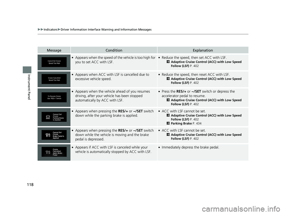 HONDA CLARITY PLUG-IN 2019 Owners Manual (in English) 118
uuIndicators uDriver Information Interface Wa rning and Information Messages
Instrument Panel
MessageConditionExplanation
●Appears when the speed of the vehicle is too high for
you to set ACC w HONDA CLARITY PLUG-IN 2019 Owners Manual (in English) 118
uuIndicators uDriver Information Interface Wa rning and Information Messages
Instrument Panel
MessageConditionExplanation
●Appears when the speed of the vehicle is too high for
you to set ACC w