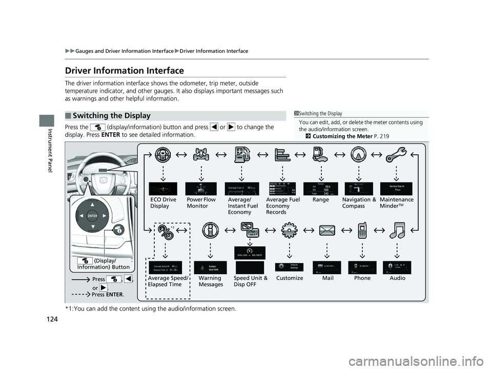 HONDA CLARITY PLUG-IN 2019 Owners Manual (in English) 124
uuGauges and Driver Information Interface uDriver Information Interface
Instrument Panel
Driver Information Interface
The driver information interface shows the odometer, trip meter, outside
temp HONDA CLARITY PLUG-IN 2019 Owners Manual (in English) 124
uuGauges and Driver Information Interface uDriver Information Interface
Instrument Panel
Driver Information Interface
The driver information interface shows the odometer, trip meter, outside
temp