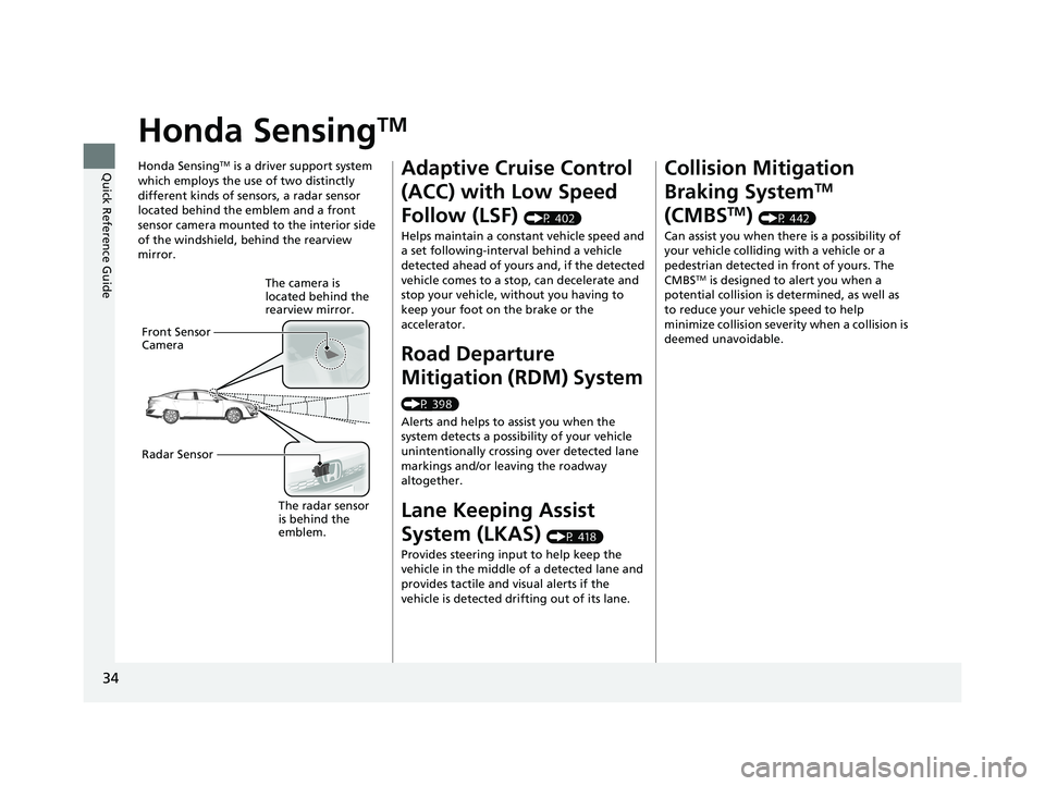 HONDA CLARITY PLUG-IN 2019   (in English) Owners Guide 34
Quick Reference Guide
Honda SensingTM
Honda SensingTM is a driver support system 
which employs the use of two distinctly 
different kinds of sensors, a radar sensor 
located behind the emblem and 