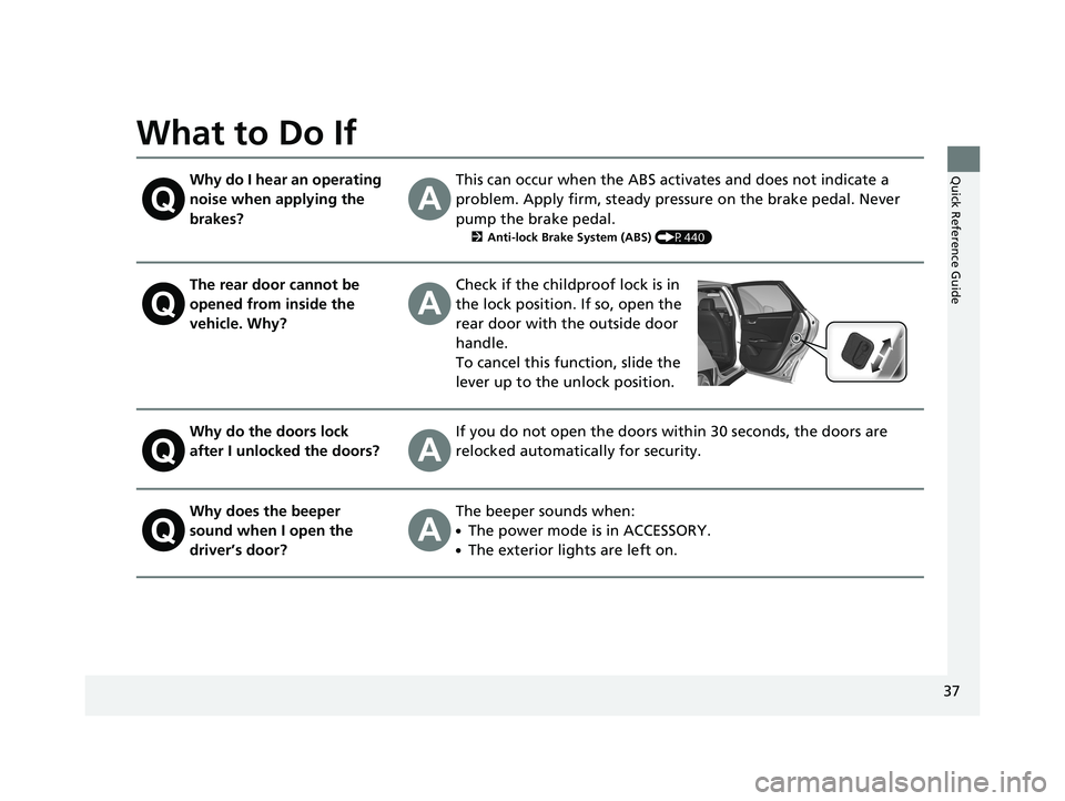 HONDA CLARITY PLUG-IN 2019   (in English) Owners Guide 37
Quick Reference Guide
What to Do If
Why do I hear an operating 
noise when applying the 
brakes?This can occur when the ABS activates and does not indicate a 
problem. Apply firm, steady pressure o