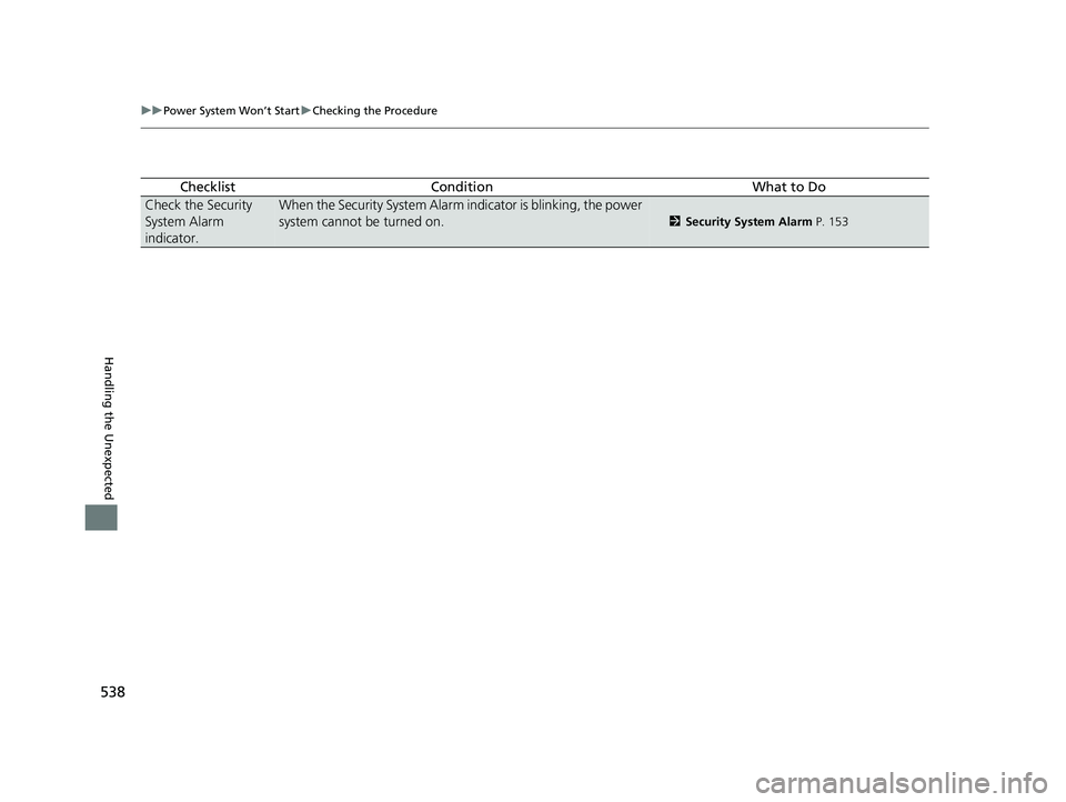 HONDA CLARITY PLUG-IN 2019 Owners Manual (in English) 538
uuPower System Won’t Start uChecking the Procedure
Handling the Unexpected
ChecklistConditionWhat to Do
Check the Security
System Alarm
indicator.When the Security System Alarm indicator is bl HONDA CLARITY PLUG-IN 2019 Owners Manual (in English) 538
uuPower System Won’t Start uChecking the Procedure
Handling the Unexpected
ChecklistConditionWhat to Do
Check the Security
System Alarm
indicator.When the Security System Alarm indicator is bl