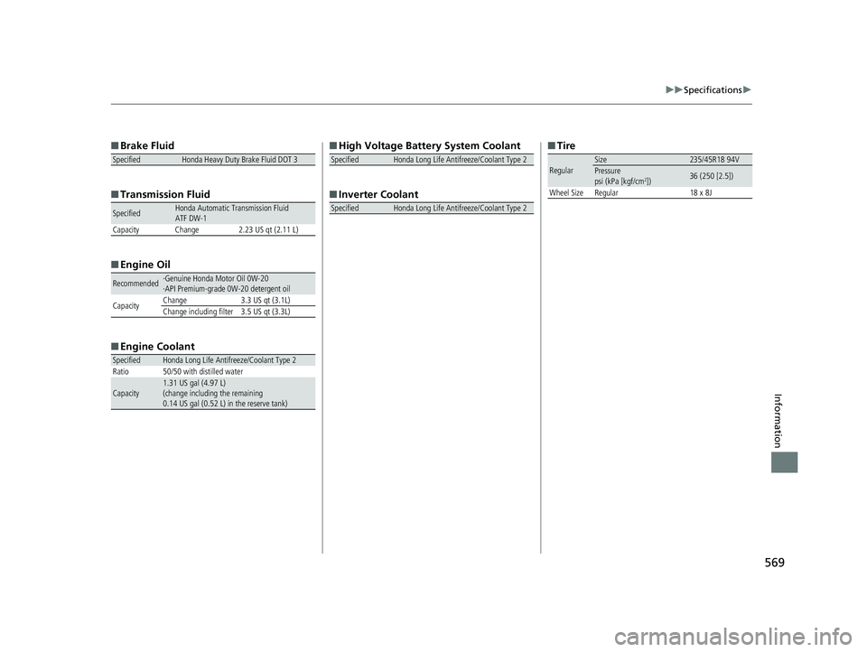 HONDA CLARITY PLUG-IN 2019  Owners Manual (in English) 569
uuSpecifications u
Information
■Brake Fluid
■ Transmission Fluid
■ Engine Oil
■ Engine Coolant
SpecifiedHonda Heavy Duty Brake Fluid DOT 3
SpecifiedHonda Automatic Transmission Fluid
ATF D