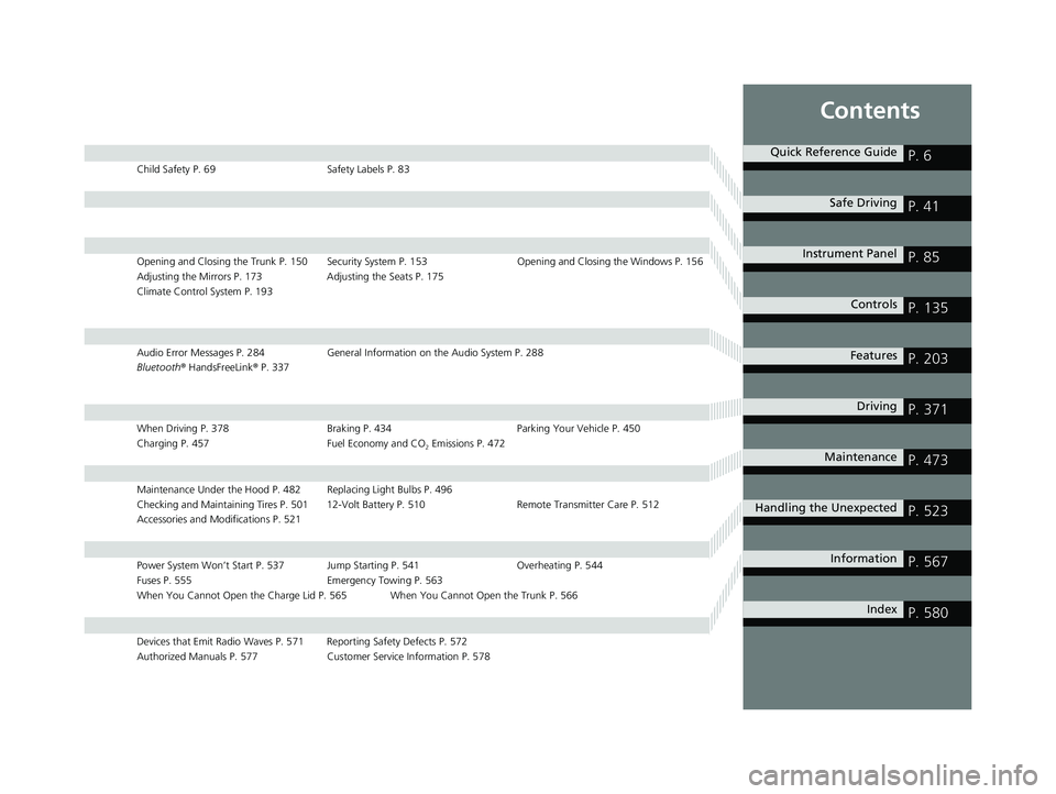 HONDA CLARITY PLUG-IN 2019 Owners Manual (in English) Contents
Child Safety P. 69Safety Labels P. 83
Opening and Closing the Trunk P. 150 Security System P. 153 Opening and Closing the Windows P. 156
Adjusting the Mirrors P. 173 Adjusting the Seats P. 17 HONDA CLARITY PLUG-IN 2019 Owners Manual (in English) Contents
Child Safety P. 69Safety Labels P. 83
Opening and Closing the Trunk P. 150 Security System P. 153 Opening and Closing the Windows P. 156
Adjusting the Mirrors P. 173 Adjusting the Seats P. 17